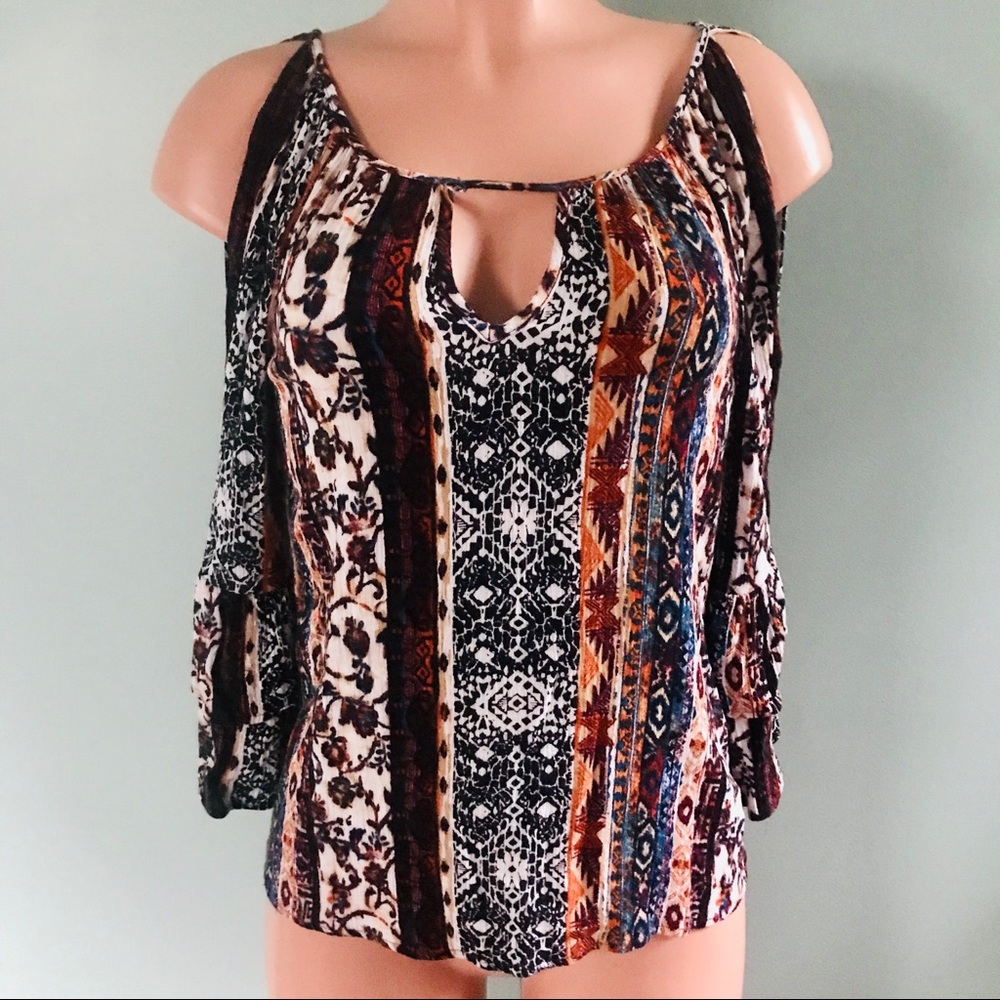 A. Byer Cold Shoulder Ruffle Sleeve Keyhole Top SM